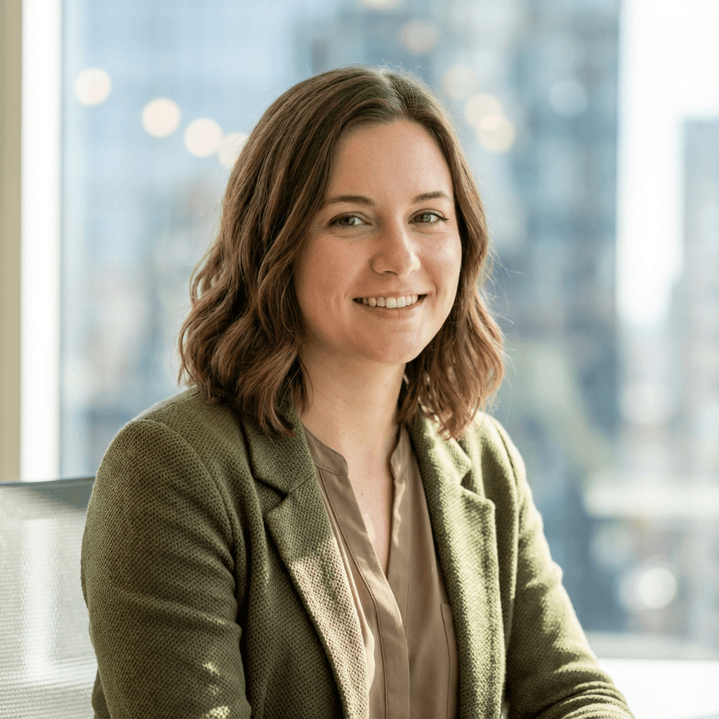 Sarah Mitchell in a light blouse in a bright office