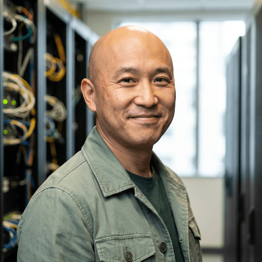 Marcus Chen in a casual button-up shirt in a warehouse