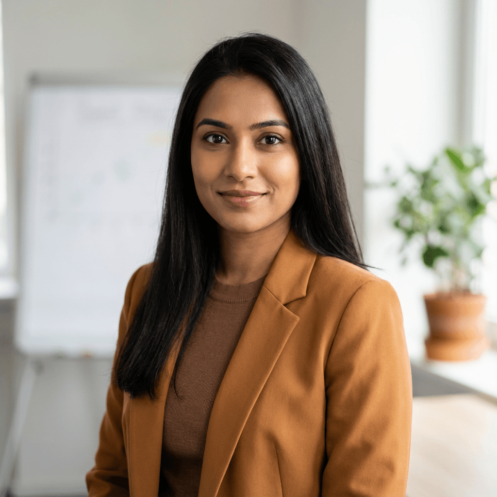 Priya Sharma in a navy blazer in a modern office