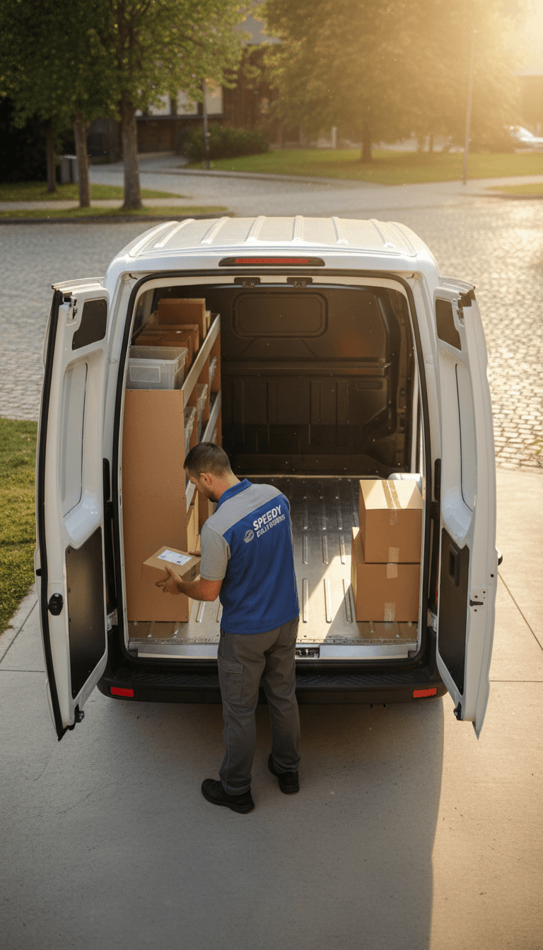 Delivery person loading a parcel into a van