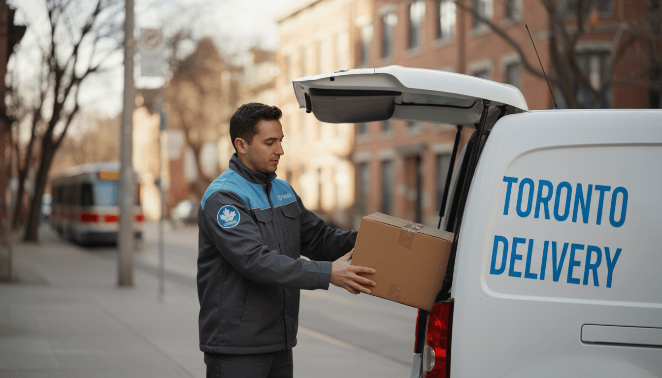 Delivery courier placing a parcel in a van in Toronto