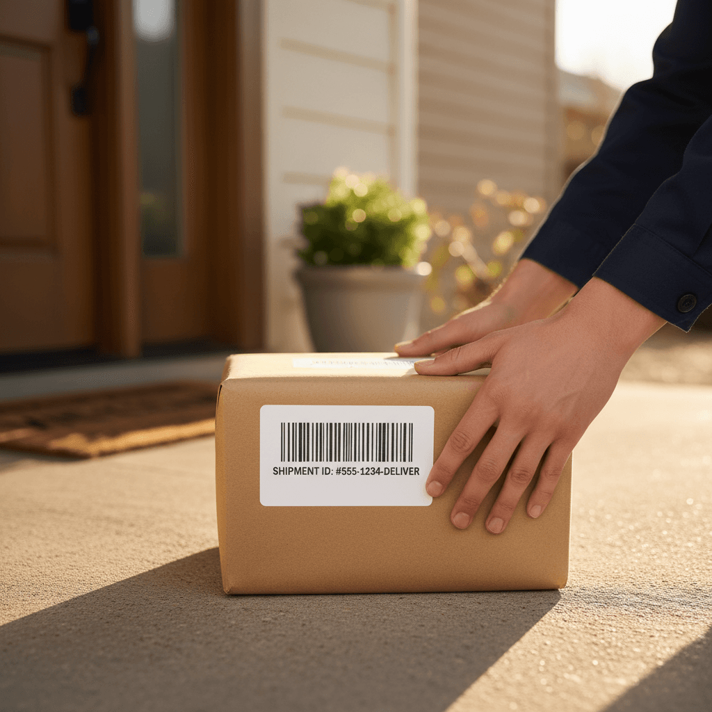 Hands carefully placing a wrapped package into a delivery van