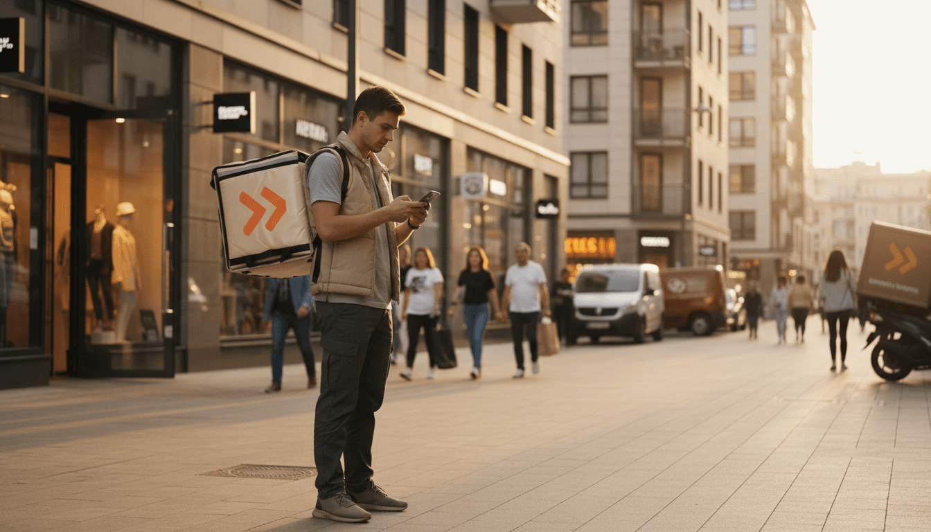 Courier checking a route on a handheld device beside a delivery van