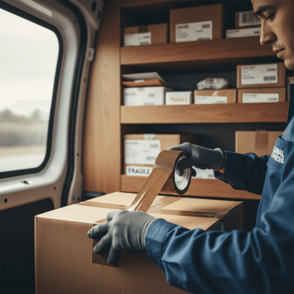 Courier carefully loading a parcel into a delivery van