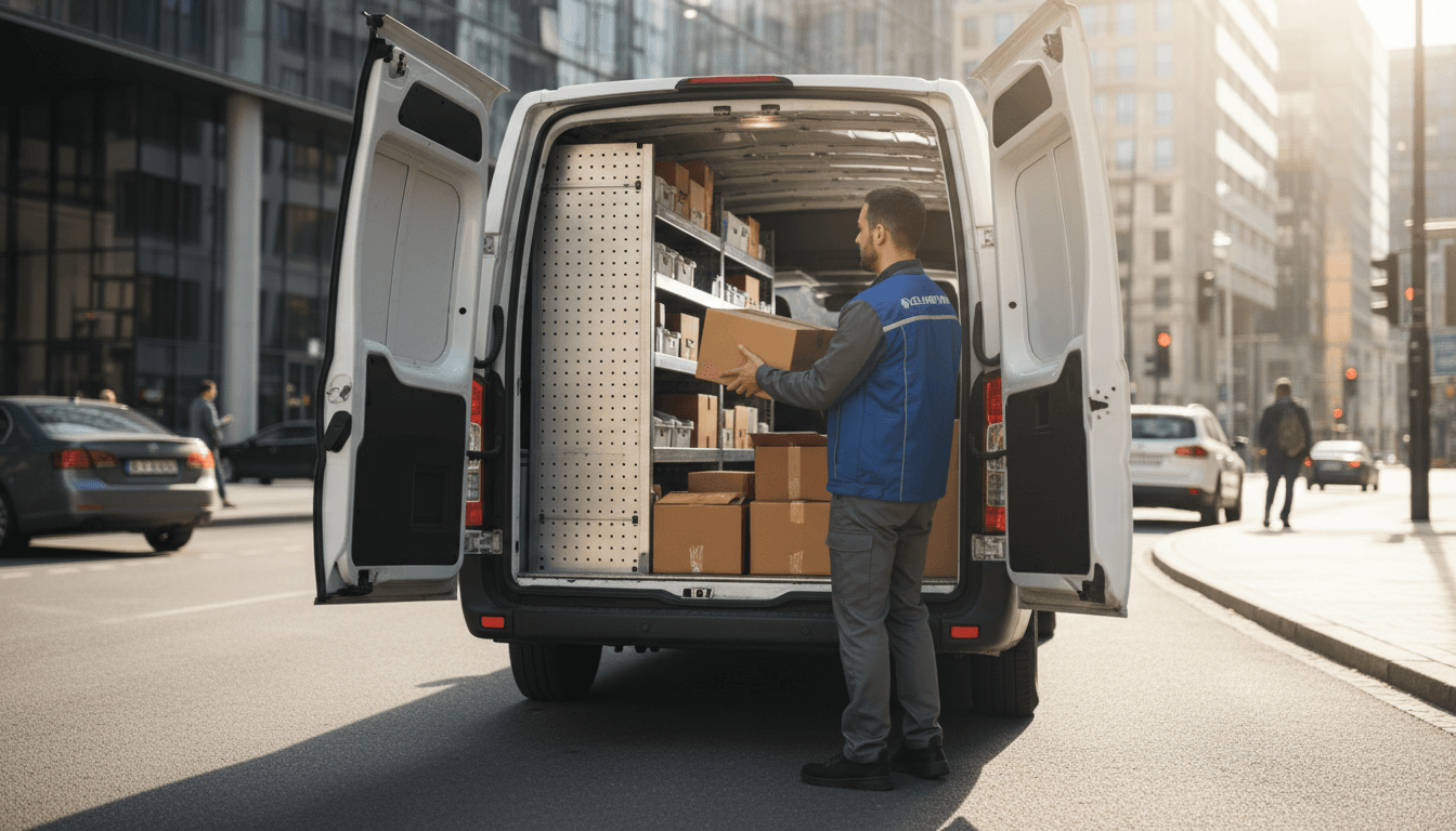 Courier loading a parcel into a cargo van in Toronto