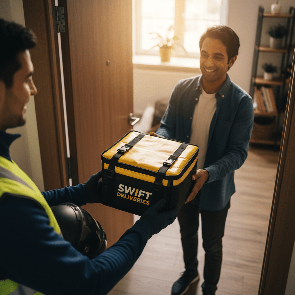 Courier handing a package to a recipient at a storefront
